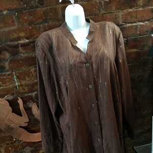 Vintage Erin London ultra suede long shirt, brown with silver Splatter 80s New Wave Oversized Blouse, Zoom Party Outfit image 2