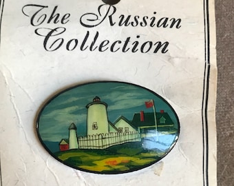 Broche phare Fedeskino russe, épinglette unisexe peinte à la main