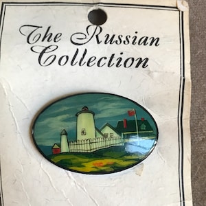 Russian Fedeskino Lighthouse Brooch,  Hand Painted Unisex Lapel Pin