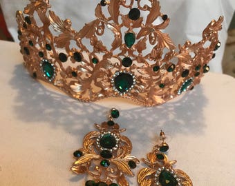 For your Princess Green or Red Crystal Matte Goldtone CROWN Tiara for Beauty Queen with matching 3.5” Runway Statement Earrings!  Hot!