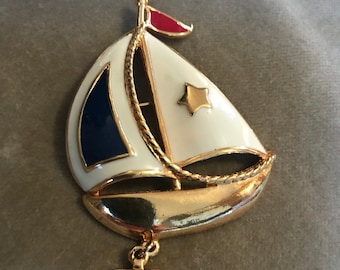 Mid Century Enamel & Goldtone Sailboat Lapel Pin with Anchor Dangle Signed Avon