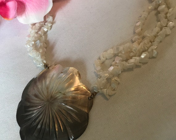 Vintage Tropical Carved Shell MOP Magnolia Flower & Mother of Pearl Beaded Multistrand Boho Beachy Choker Statement Necklace, Luau Party!