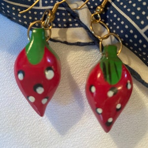 Vintage Hand Painted Red Strawberry Wooden Dangles , Tooty Fruity  Statement Earrings made in The Philippines