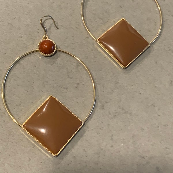 HUGE MCM Golden Hoops with Toffee Caramel & Brick Geometric Cabochons, 4.5 Inches of 70s Disco Funk Glamour Jewelry Bling