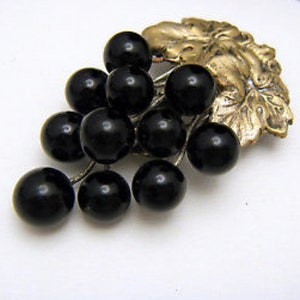 Art Deco Black Berry Dress Clip, Black glass bead grapes and brass leaves small dress clip 1920s