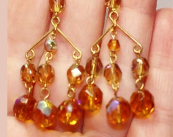 Fantastic vintage Orange AB Crystal goldtone Chandelier Dangle Earrings