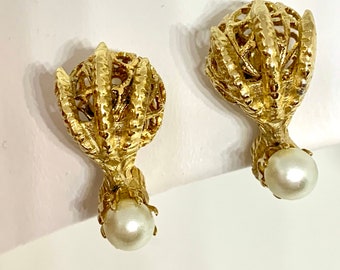 Gothic Gargoyle Claw and Ball Pearl Statement Earrings Ornate Filigree Edwardian Victorian Regal Classic Clip ons