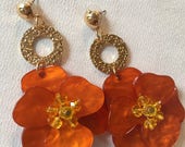 Huge Yellow Crystal and Burnt Orange Lucite Flower Dangle Earrings, Sexy Tropical Vacation Poolside Glamour Jewelry