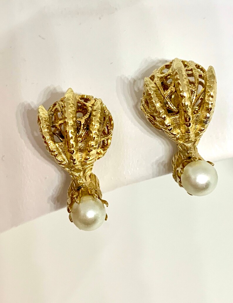 Gothic Gargoyle Claw and Ball Pearl Statement Earrings Ornate Filigree Edwardian Victorian Regal Classic Clip ons