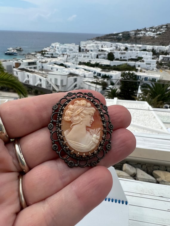 Vintage Carved Shell Cameo Brooch Pendant, Floral… - image 10
