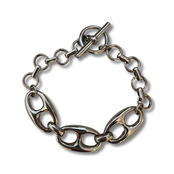 Vintage Modernist Silver chain Link Bracelet, Disco Glamour Jewelry Bling, Shiny Silver Tone, Mint Condition, Old Stock, Toggle Clasp