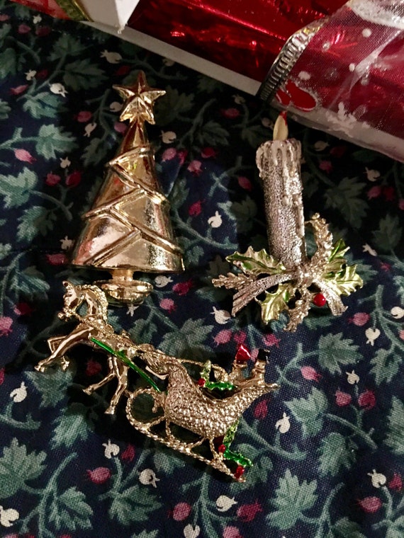 Trio of Three vintage holiday brooches Candle Sleigh & Christmas Tree