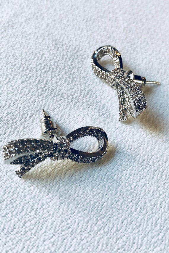 Sparkling Silver Bow Earrings encrusted with Pave Micro CZ! Beautiful 90s Glamour Wedding Jewelry