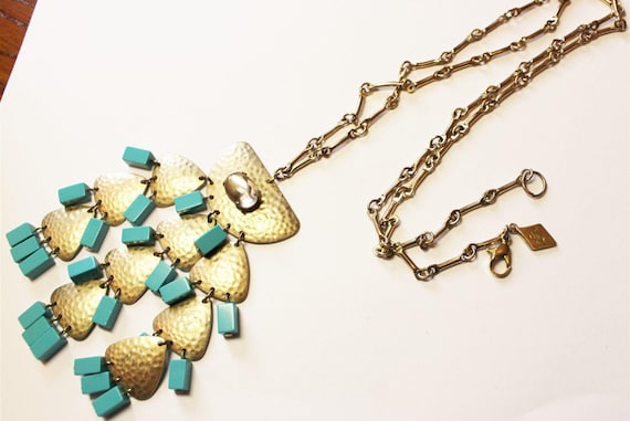 Fluttery Golden Scales & Chunky Turquoise Lucite Modernist Pendant Necklace On Long Linked Chain, signed 70s Costume Jewelry,  sequin brand