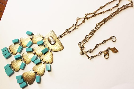 Vintage Sequin Brand Signed Pretty Golden Scales & Turquoise Lucite Modernist Pendant Necklace On Long Linked Chain