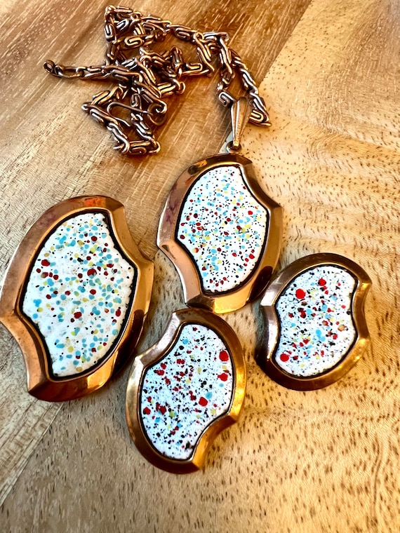 Mid Century Speckled Enamel Copper Jewelry Set, Authentic Eames Era Modernist Primary Colors Abstract Art Necklace, Pin and Earrings