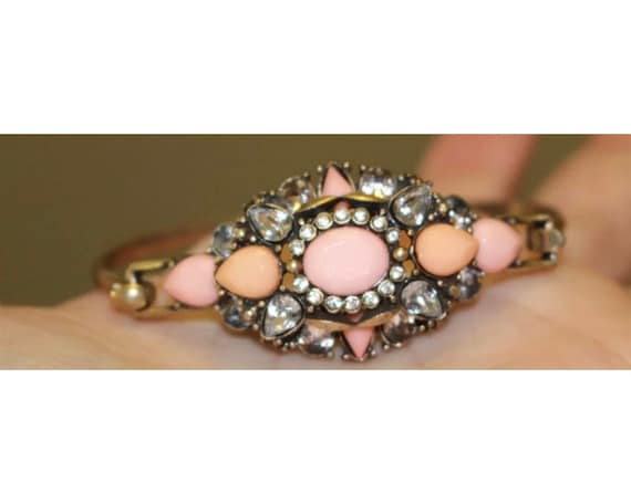 Victorian Revival Pink & Goldtone Sexy Romantic Rhinestone Bracelet,  Flirty Girlish almost Burlesque 90s glamour jewelry