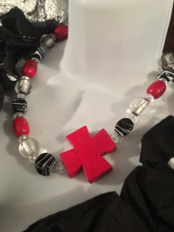 80s Glam Punky Necklace, Material Girl Red Cross & Crystal Art Glass Beaded necklace Choker with Punk Rock off centered Red Maltese Cross