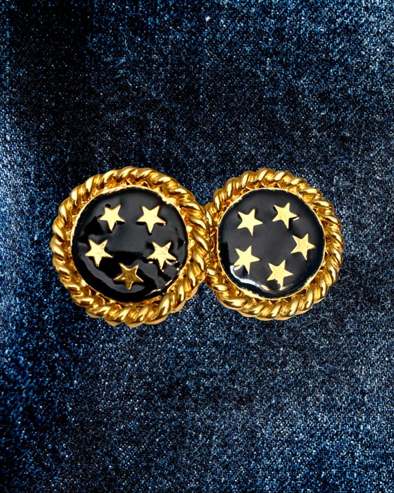 Golden Star Statement Earrings, Shiny Stars in Midnight Blue Navy Enamel with Ornate Goldtone Twisted Trim, 80s Glam, Classy Power Dressing