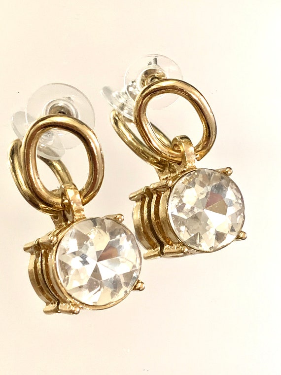 Chunky Vintage Rhinestone Dangles, Ice Crystal and Goldtone Link Statement Earrings