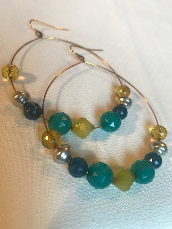 Boho Gypsy Glam Beaded Hoops, Blue Green & Silver Beaded dangle Hoop Statement Earrings, 90s dance club bling