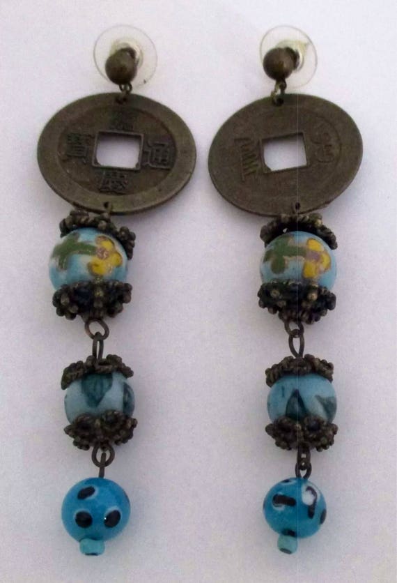 Chinese Coins and Floral Porcelain Beaded Statement Earrings, Vintage Hnad painted Boho Glam Dangles