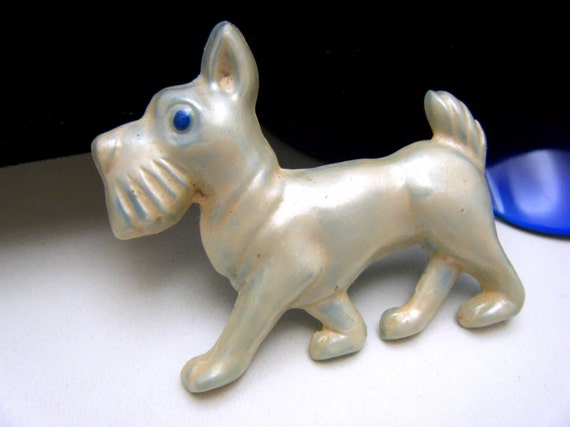 White Scottie Dog Pin: Pup Figural Molded and Painted Plastic, Antique with C Clasp
