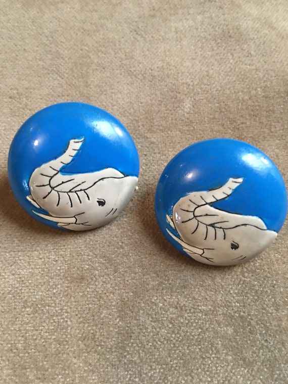 Vintage Hand painted Bright blue & Elephant button style earrings