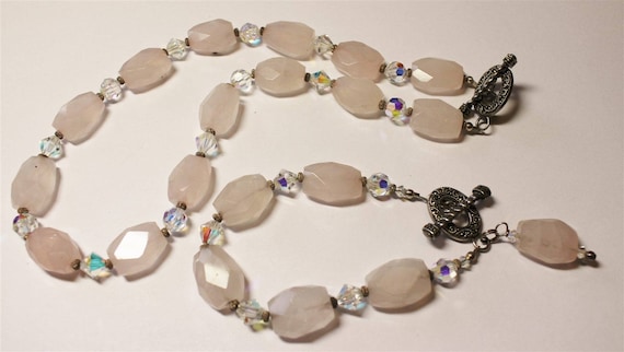 Pretty In Pink Rose Quartz Polished  Gem Stone and crystal beaded Choker Necklace and Bracelet Set