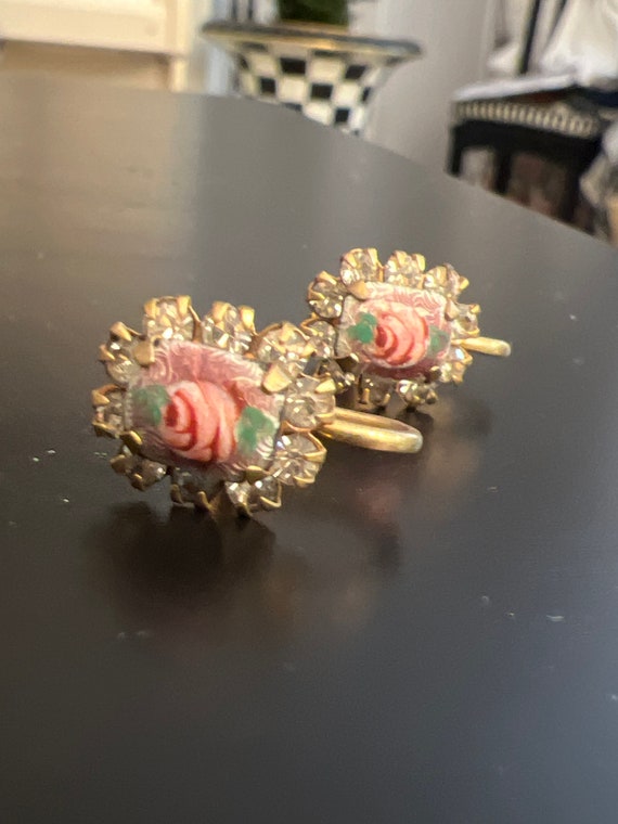 Dainty Guilloche Rose Floral Earrings with Pretty Romantic Sparkling Ice Rhinestones, Vintage Goldtone Screw Backs, gift for sweetheart