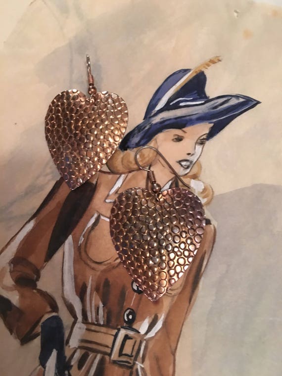 Trendy Boho Mid Century Copper plated Hearts Dangle wire Earrings