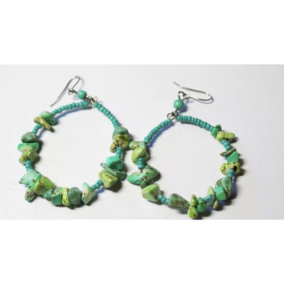 Boho Gypsy Cowgirl Southwestern Blue Green Turquoise Stone & Seed Bead hoop dangle Earrings