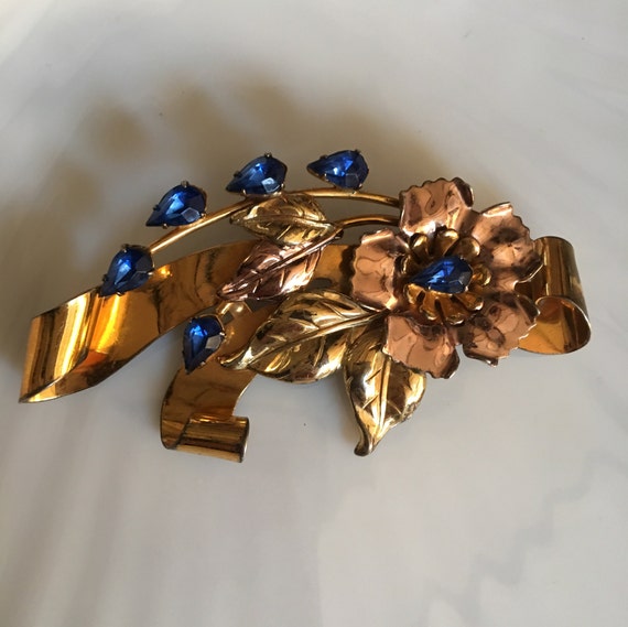 Sterling Silver Art Deco & Colbalt Blue Glass Gem Vintage Brooch, Two tone Silver and Rose gold, now trending Unisex Lapel Pin