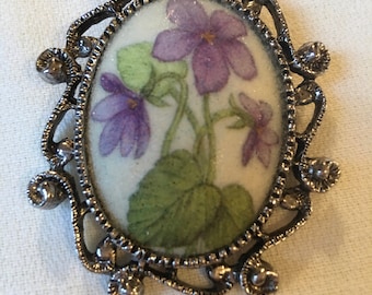 Vintage Purple Violet Floral Brooch, Silvertone Scrollwork Jewelry
