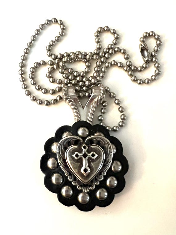 Gothic Romantic Rivival Heart & Cross Necklace, Studs Black Leather and Ball Chain, Vintage 90s MTV Generation Glamour Grunge Punky Jewelry