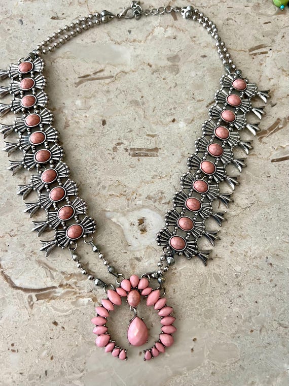 Vibrant Pink Squash Blossom Necklace: 90s Inspired Southwestern Boho Costume Jewelry Accessory