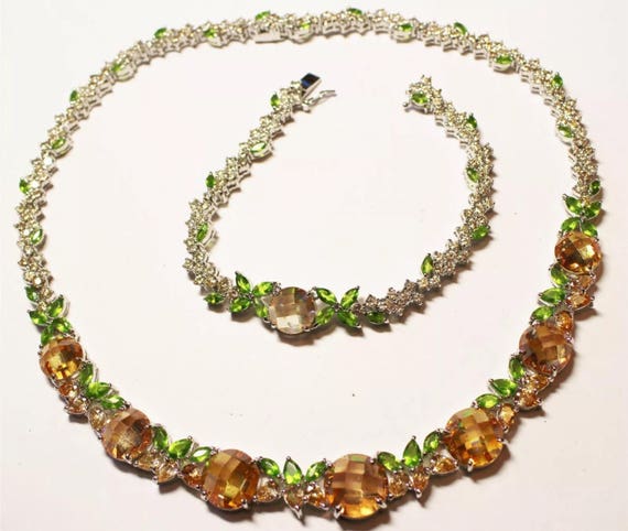 Stunning Titanium and Apricot & Green Crystal Gems Choker Necklace and Bracelet Set