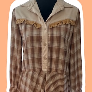 Vintage Cowgirl Western Dress, Beige Plaid with Fringe, Prairie Country Western Square Dancing Dress, Hoedown party outfit