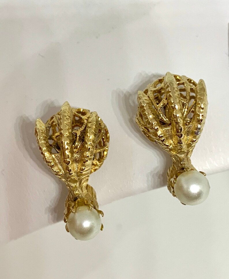Gothic Gargoyle Claw and Ball Pearl Statement Earrings Ornate Filigree Edwardian Victorian Regal Classic Clip ons