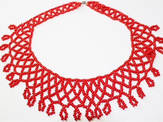 Cherry Red Seed Bead Collar Necklace