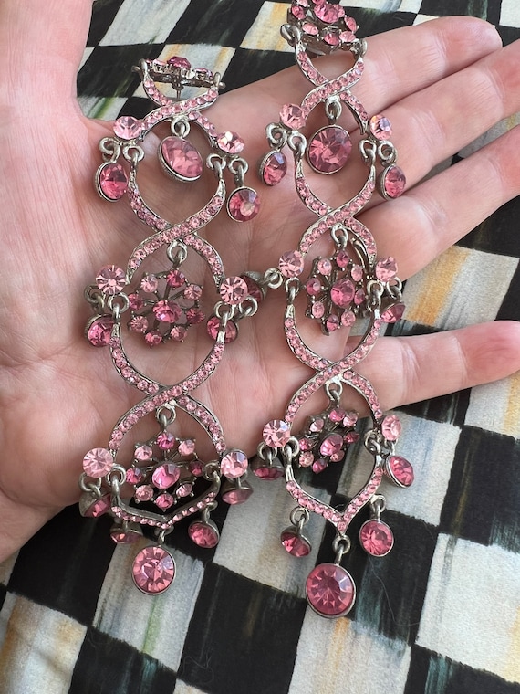 Pink Rhinestone Statement Earrings, 90s Glam Shoulder Dusters, Oversized 6 inch Chandelier Dangles, Old Stock NYC showroom, Glamour Jewelry
