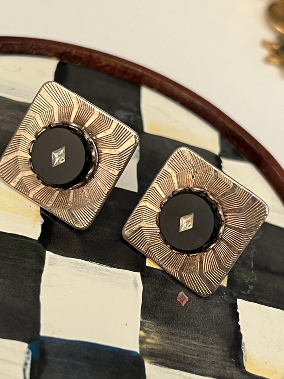 Art Deco Earring, Black Onyx Square Clip ons, Vintage 1940s Costume Jewelry