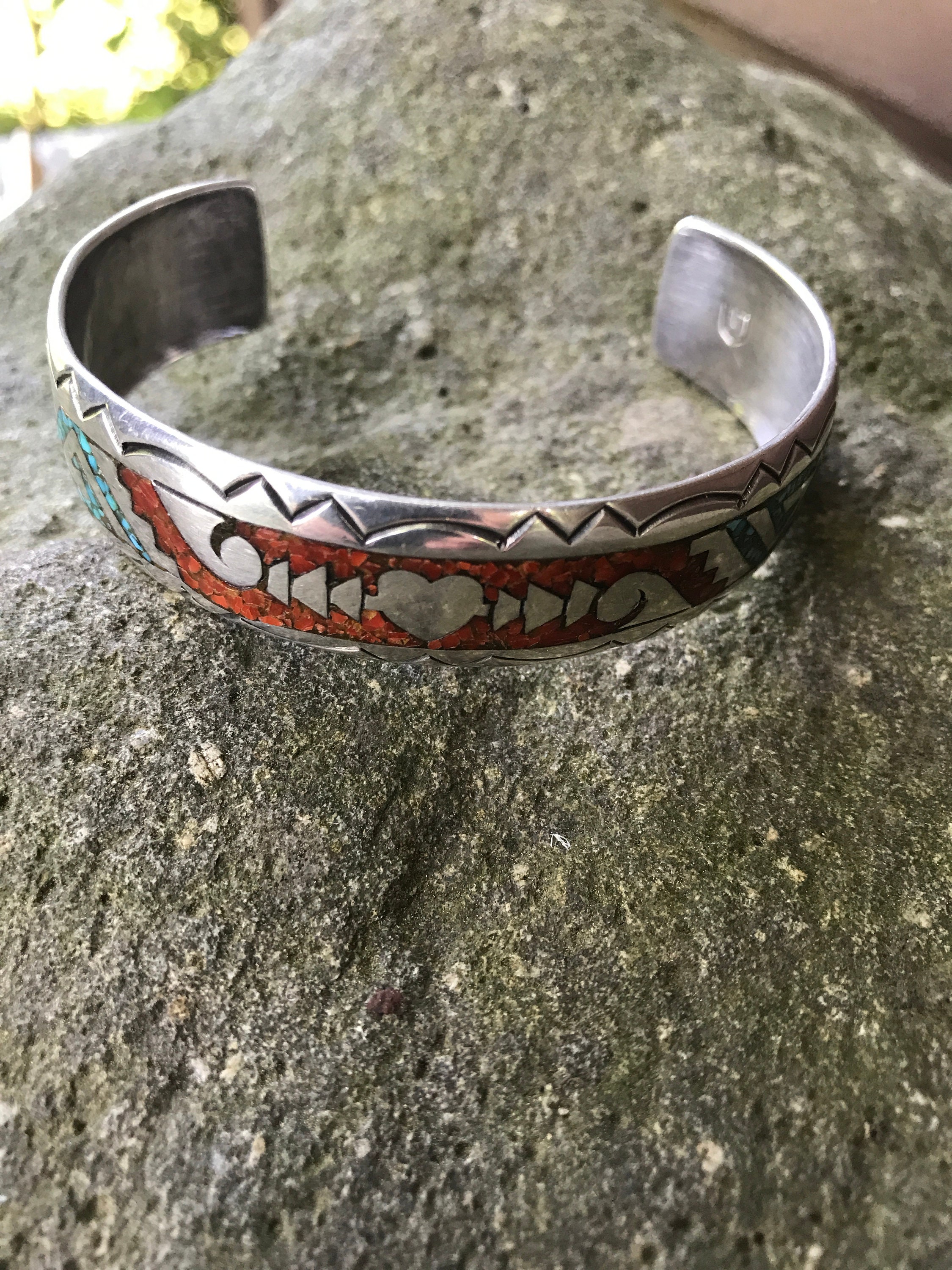 Native American Southwestern Turquoise Inlay Sterling Silver Heart Cuff ...