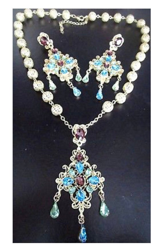 Vintage Mogul Filigree Ball Colorful Rhinestone Statement Necklace & Chandelier Earrings, Glamour Jewelry Set