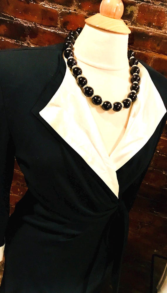 Awesome 80’s Big Bold Beautiful Black Beads & Oversized Sparkling Rhinestone Rhondel Necklace Classicly Cool