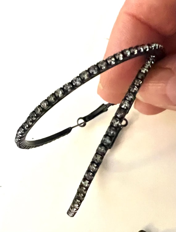 Vintage Japaned Rhinestone Hoops, Large Dramatic Black Earrings with Sparkly Crystal Rims, Material Girl, 80s Glamour Jewelry