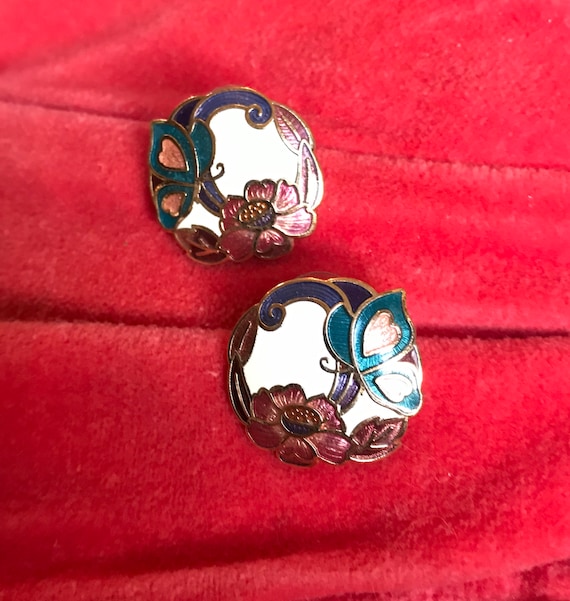 Pretty 70’s Enamel Butterfly & Flower Art Nouveau Style Earrings