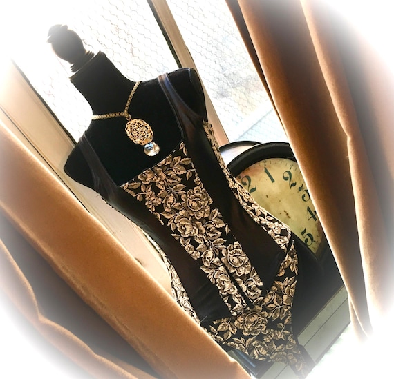 Vintage Brocade & Black Satin Lace up Corset Set, 90s Sexy Lingerie purchased in New Orleans French Quarter