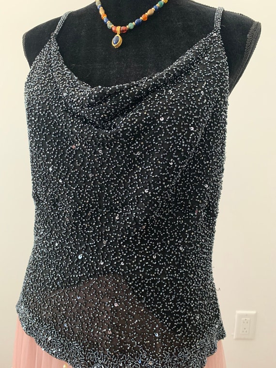 Midnight Blue Beaded Cami by Scala, Luxury Formal Wear Designer Vintage Beaded Top, size M/L