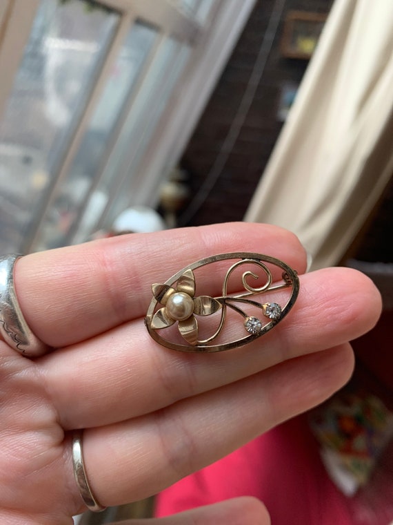 Van Dell Gold Filled Pearl Floral Pin, Oval Mid C… - image 5